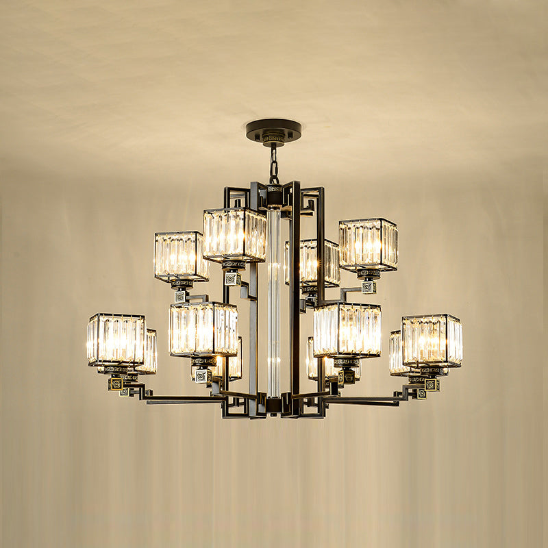 Traditional Cubic Pendant Lighting Clear Tri-Sided Glass Chandelier Light Fixture in Black Clearhalo 'Ceiling Lights' 'Chandeliers' Lighting' options 2385082