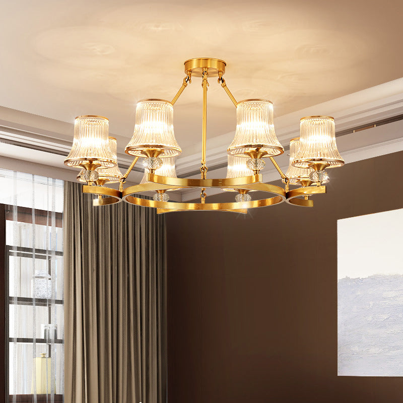 Brass Flared Chandelier Vintage Clear Rib Glass Living Room Suspension Pendant Light Clearhalo 'Ceiling Lights' 'Chandeliers' Lighting' options 2385083