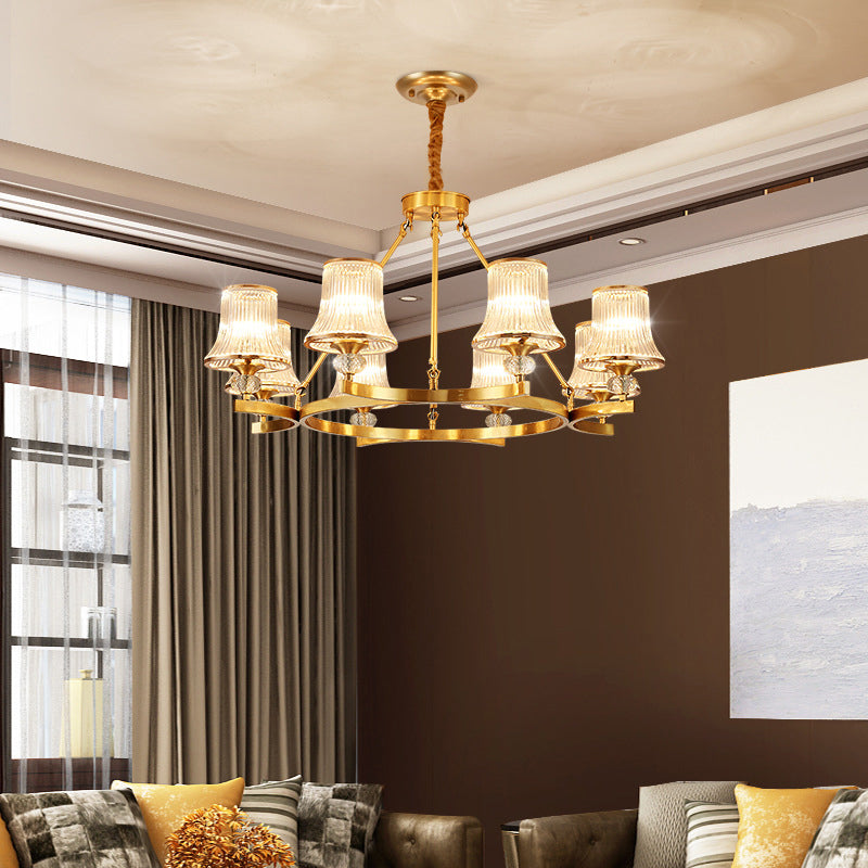 Brass Flared Chandelier Vintage Clear Rib Glass Living Room Suspension Pendant Light Clearhalo 'Ceiling Lights' 'Chandeliers' Lighting' options 2385084