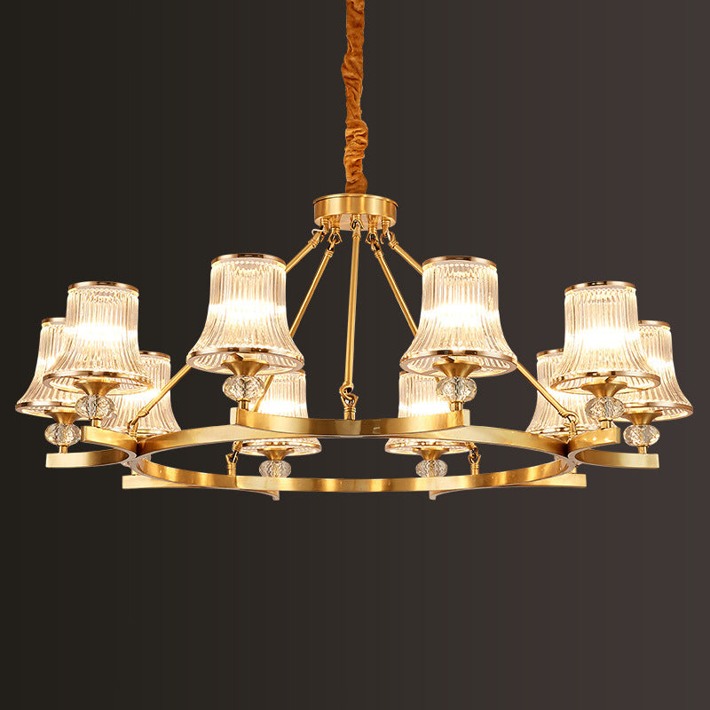 Brass Flared Chandelier Vintage Clear Rib Glass Living Room Suspension Pendant Light 10 Brass Clearhalo 'Ceiling Lights' 'Chandeliers' Lighting' options 2385087_8dd0039a-ccdd-4b88-a257-9eab70d7722f