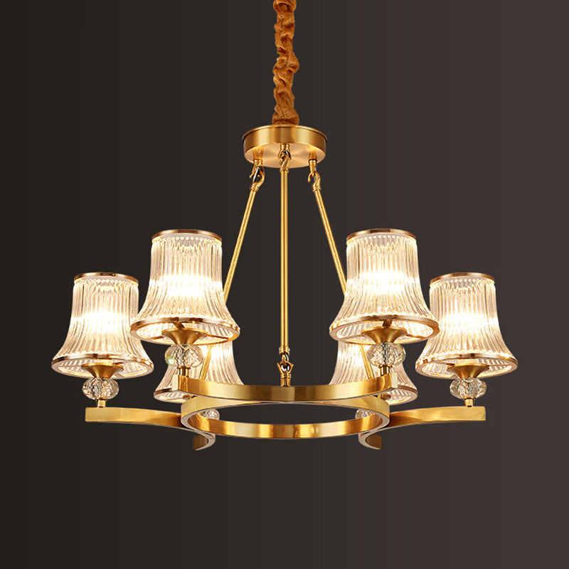 Brass Flared Chandelier Vintage Clear Rib Glass Living Room Suspension Pendant Light Clearhalo 'Ceiling Lights' 'Chandeliers' Lighting' options 2385088