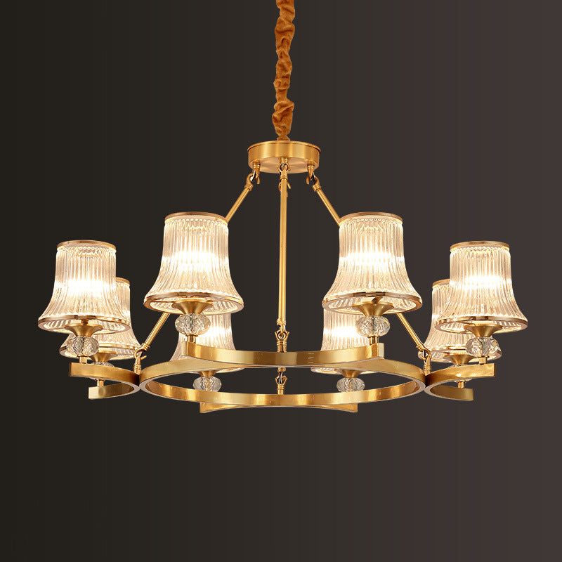 Brass Flared Chandelier Vintage Clear Rib Glass Living Room Suspension Pendant Light Clearhalo 'Ceiling Lights' 'Chandeliers' Lighting' options 2385089