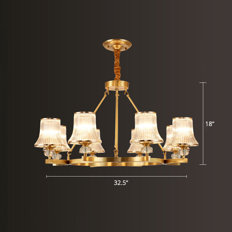 Brass Flared Chandelier Vintage Clear Rib Glass Living Room Suspension Pendant Light Clearhalo 'Ceiling Lights' 'Chandeliers' Lighting' options 2385090