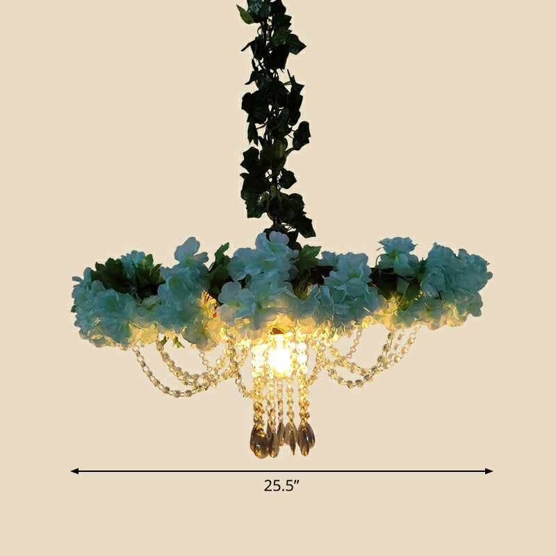 Industrial Cage Style Hanging Lamp 1 Head Metal Pendant Lighting with Artificial Leaf and Flower Blue 25.5" Clearhalo 'Ceiling Lights' 'Pendant Lights' 'Pendants' Lighting' 2385305