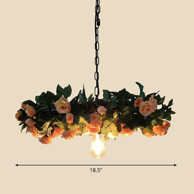 Industrial Cage Style Hanging Lamp 1 Head Metal Pendant Lighting with Artificial Leaf and Flower Pink 18.5" Clearhalo 'Ceiling Lights' 'Pendant Lights' 'Pendants' Lighting' 2385307