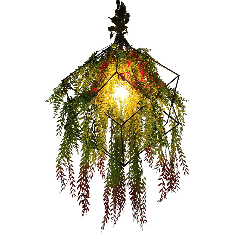 Industrial Cage Style Hanging Lamp 1 Head Metal Pendant Lighting with Artificial Leaf and Flower Clearhalo 'Ceiling Lights' 'Pendant Lights' 'Pendants' Lighting' 2385308