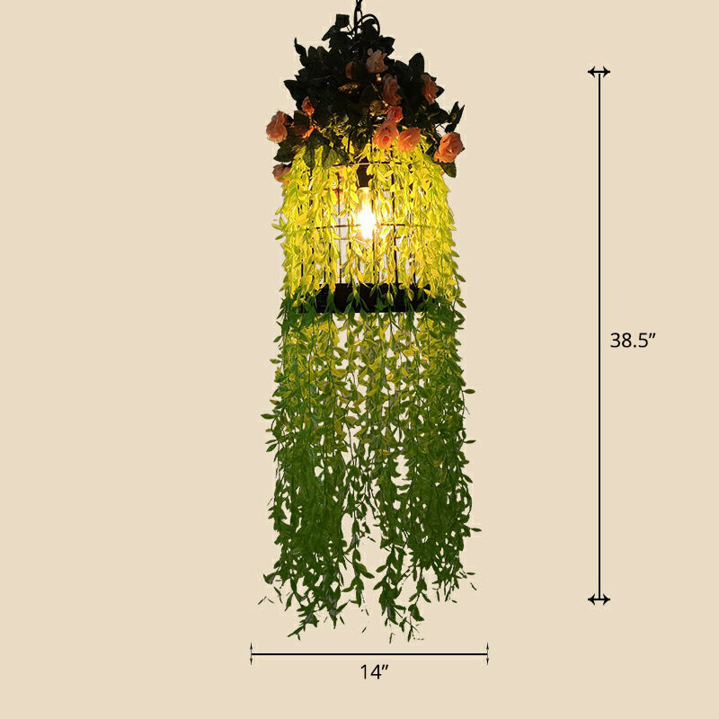 Industrial Cage Style Hanging Lamp 1 Head Metal Pendant Lighting with Artificial Leaf and Flower Green 14" Clearhalo 'Ceiling Lights' 'Pendant Lights' 'Pendants' Lighting' 2385309