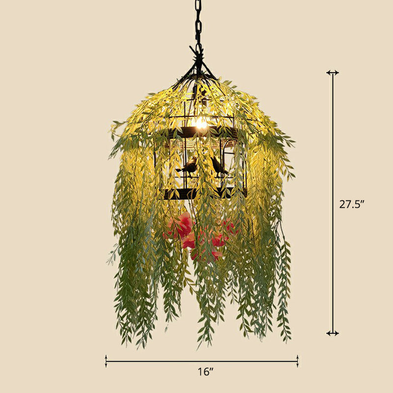 Industrial Cage Style Hanging Lamp 1 Head Metal Pendant Lighting with Artificial Leaf and Flower Green 16" Clearhalo 'Ceiling Lights' 'Pendant Lights' 'Pendants' Lighting' 2385311