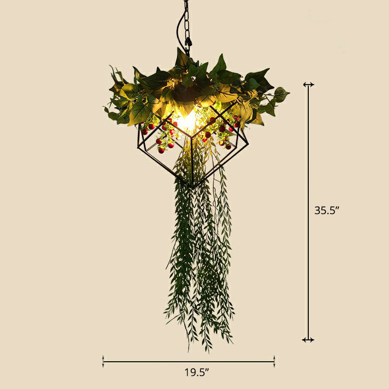 Industrial Cage Style Hanging Lamp 1 Head Metal Pendant Lighting with Artificial Leaf and Flower Green 19.5" Clearhalo 'Ceiling Lights' 'Pendant Lights' 'Pendants' Lighting' 2385313