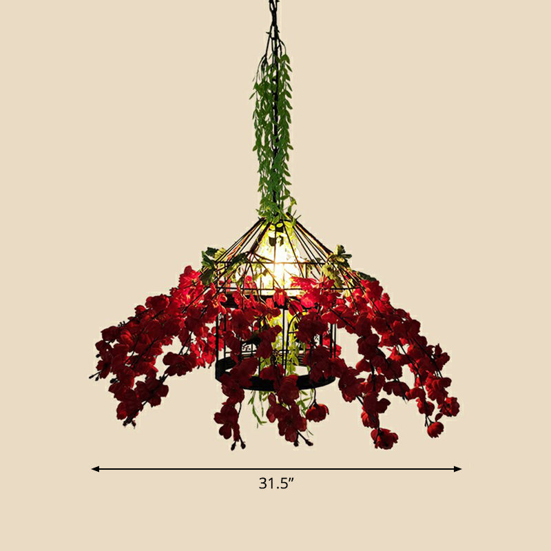 Industrial Cage Style Hanging Lamp 1 Head Metal Pendant Lighting with Artificial Leaf and Flower Green 31.5" Clearhalo 'Ceiling Lights' 'Pendant Lights' 'Pendants' Lighting' 2385314