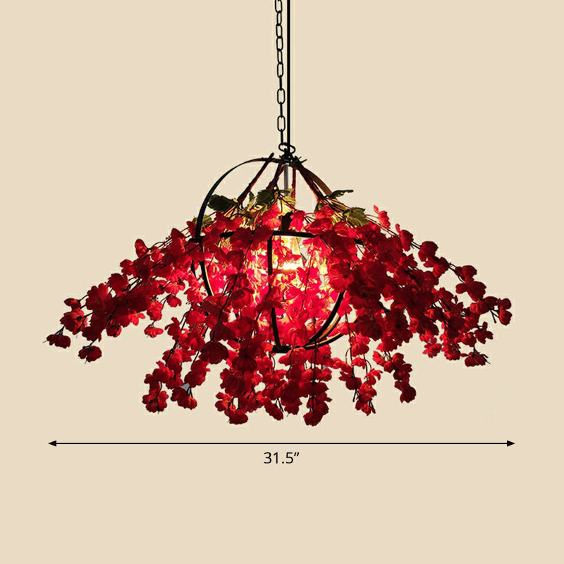 Industrial Cage Style Hanging Lamp 1 Head Metal Pendant Lighting with Artificial Leaf and Flower Pink 31.5" Clearhalo 'Ceiling Lights' 'Pendant Lights' 'Pendants' Lighting' 2385315