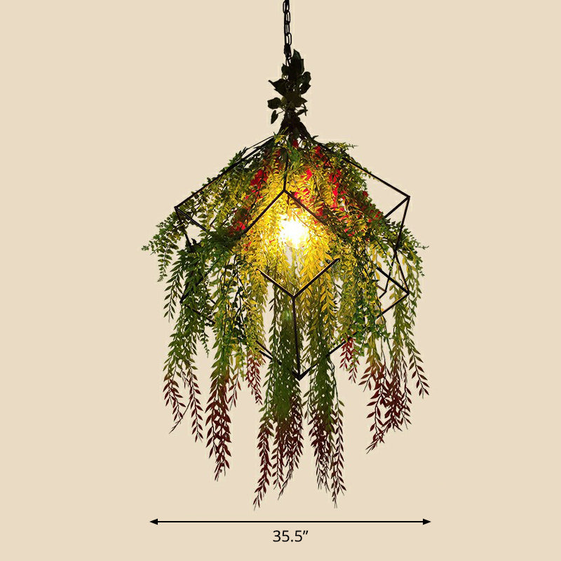 Industrial Cage Style Hanging Lamp 1 Head Metal Pendant Lighting with Artificial Leaf and Flower Green 35.5" Clearhalo 'Ceiling Lights' 'Pendant Lights' 'Pendants' Lighting' 2385316