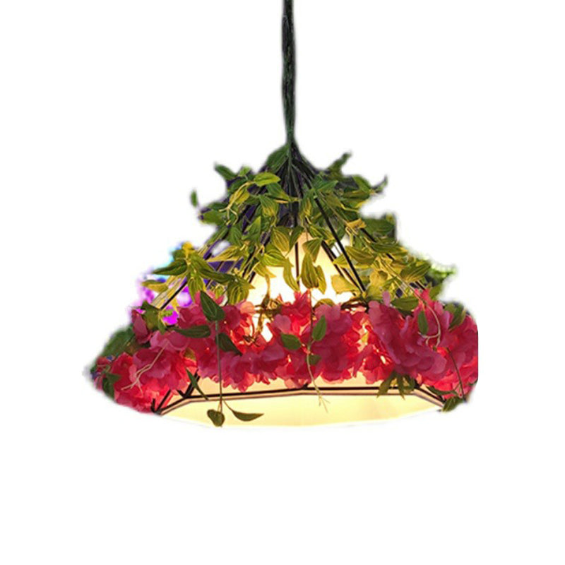 Art Deco Artificial Flower Pendant Light Fixture Single-Bulb Metal Hanging Light with Cage Green 17" Clearhalo 'Ceiling Lights' 'Pendant Lights' 'Pendants' Lighting' 2385318