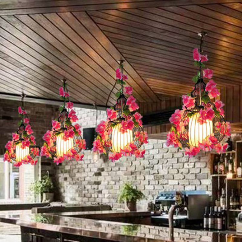 Art Deco Artificial Flower Pendant Light Fixture Single-Bulb Metal Hanging Light with Cage Pink 12" Clearhalo 'Ceiling Lights' 'Pendant Lights' 'Pendants' Lighting' 2385322