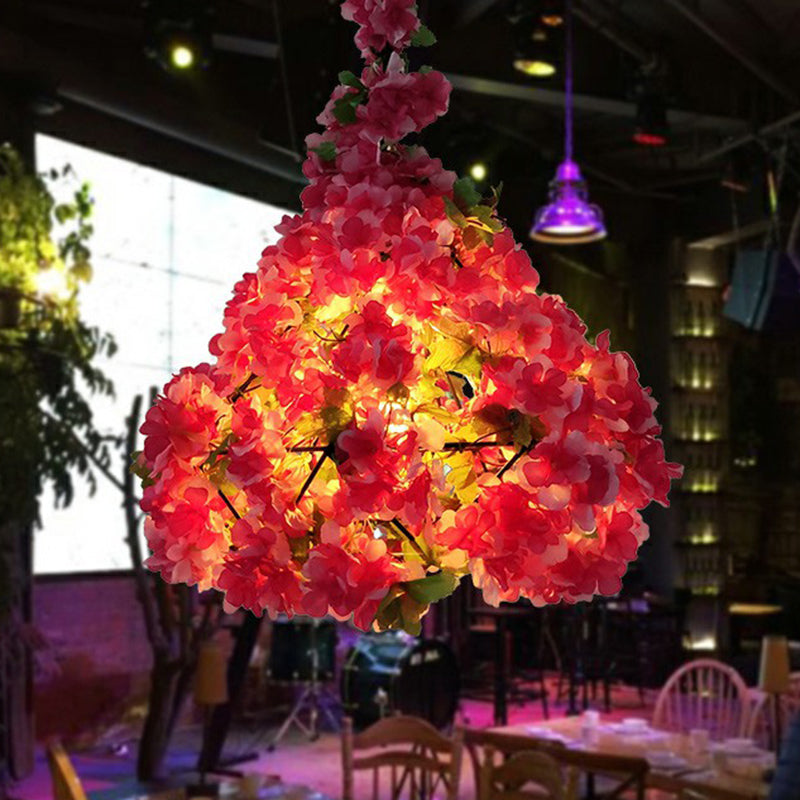 Iron Cage Suspension Light Farmhouse 1 Bulb Bistro Drop Pendant with Fake Plant Decor Pink Clearhalo 'Ceiling Lights' 'Pendant Lights' 'Pendants' Lighting' 2385326