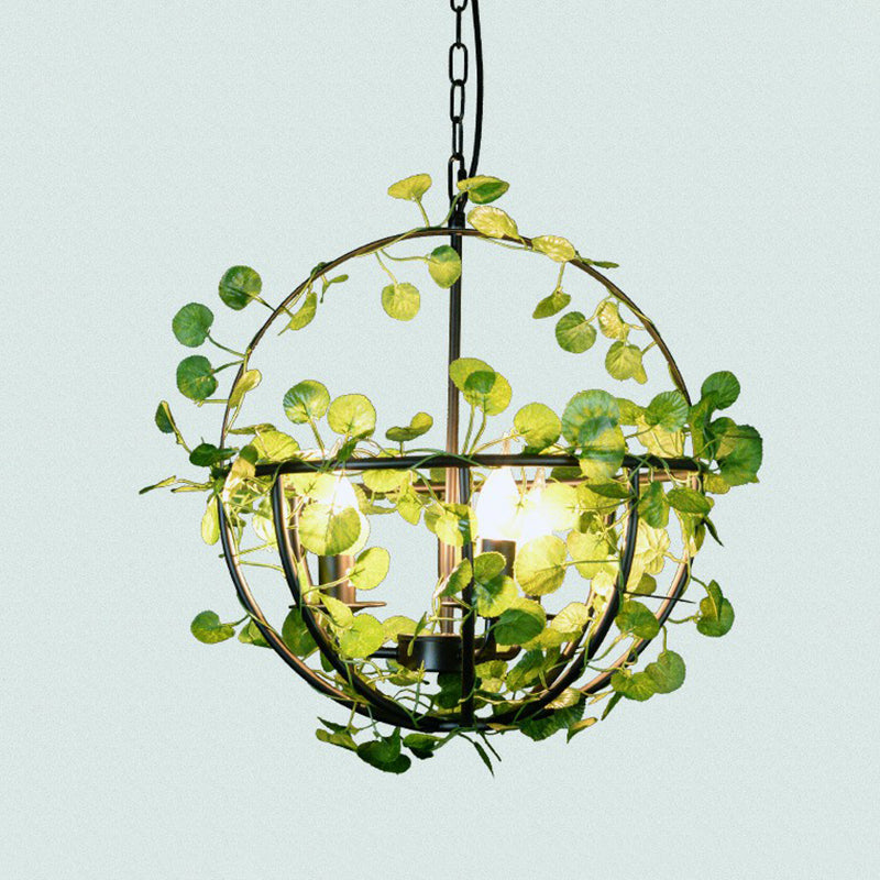 Green Hanging Ceiling Light Country Style Wire Cage Iron Chandelier with Artificial Vine for Restaurant Clearhalo 'Ceiling Lights' 'Chandeliers' Lighting' options 2385343