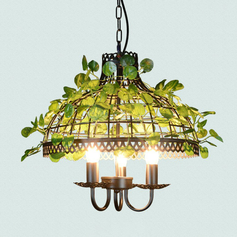 Green Hanging Ceiling Light Country Style Wire Cage Iron Chandelier with Artificial Vine for Restaurant Clearhalo 'Ceiling Lights' 'Chandeliers' Lighting' options 2385346