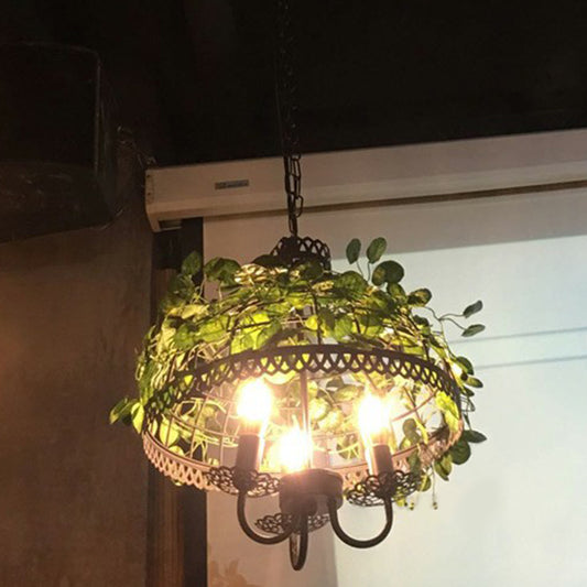 Green Hanging Ceiling Light Country Style Wire Cage Iron Chandelier with Artificial Vine for Restaurant Clearhalo 'Ceiling Lights' 'Chandeliers' Lighting' options 2385347