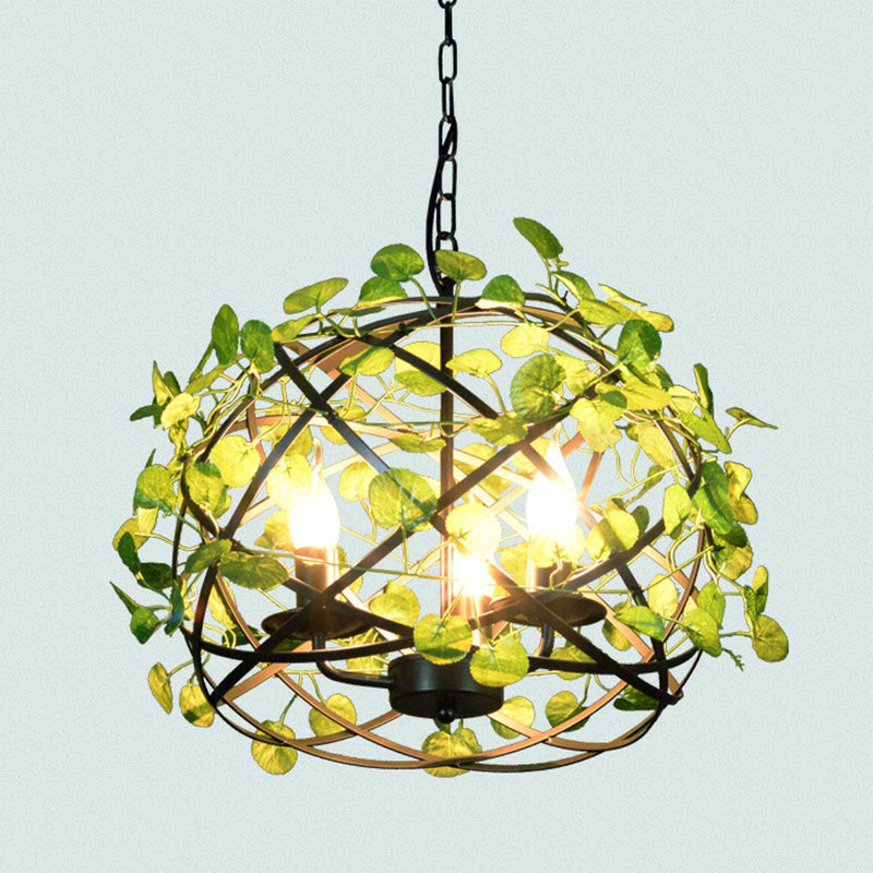 Green Hanging Ceiling Light Country Style Wire Cage Iron Chandelier with Artificial Vine for Restaurant Clearhalo 'Ceiling Lights' 'Chandeliers' Lighting' options 2385348