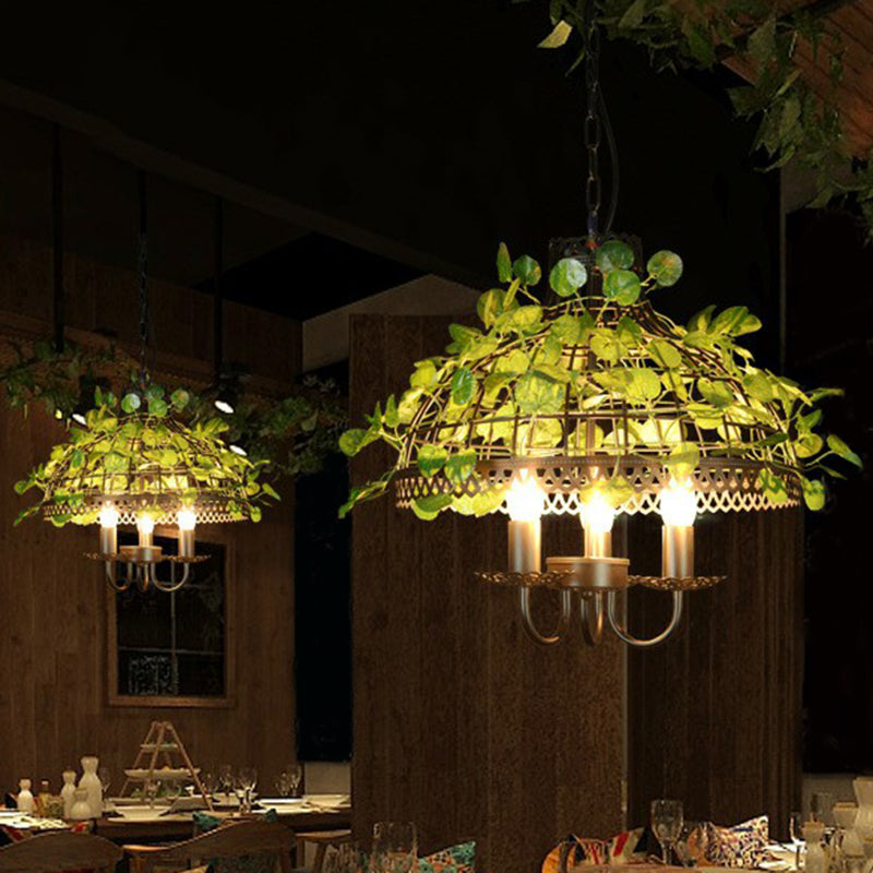 Green Hanging Ceiling Light Country Style Wire Cage Iron Chandelier with Artificial Vine for Restaurant Clearhalo 'Ceiling Lights' 'Chandeliers' Lighting' options 2385349