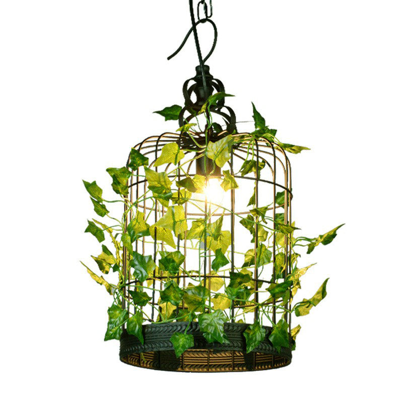 Green Hanging Ceiling Light Country Style Wire Cage Iron Chandelier with Artificial Vine for Restaurant Clearhalo 'Ceiling Lights' 'Chandeliers' Lighting' options 2385350