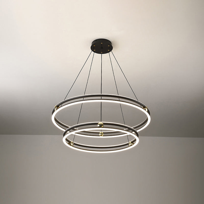 Black and White Circle Chandelier Minimalistic Aluminum LED Hanging Light for Dining Room Black 31.5" Double Ring Clearhalo 'Ceiling Lights' 'Chandeliers' 'Modern Chandeliers' 'Modern' Lighting' 2385355