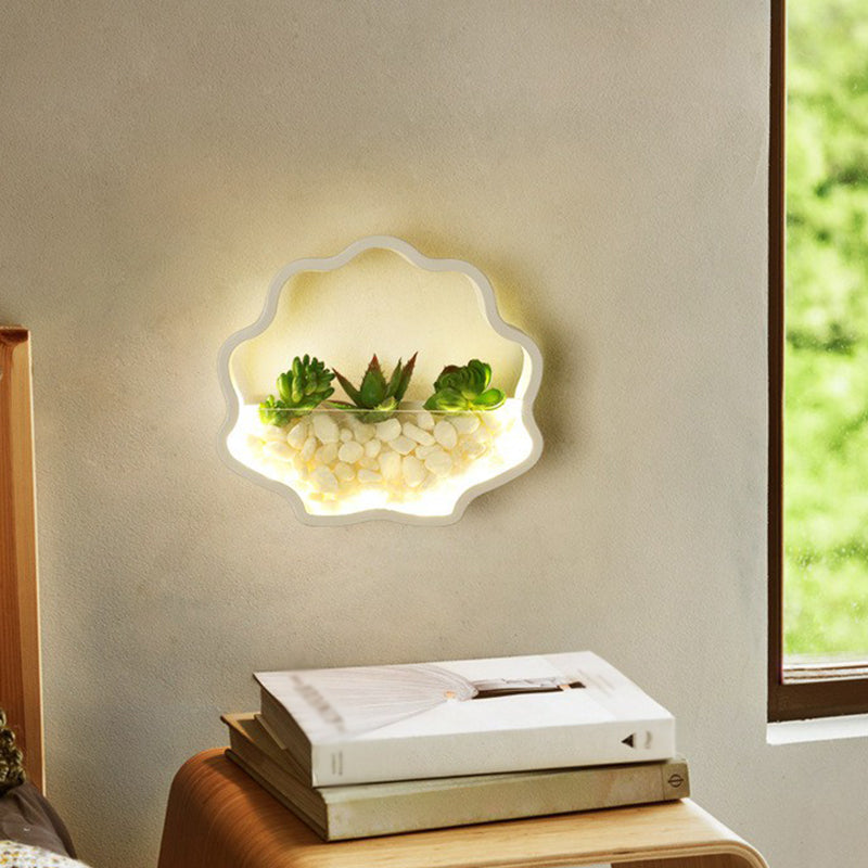 Metal Halo LED Sconce Light Art Deco Wall Mounted Light with Cobblestone and Imitation Plant White Wavy Clearhalo 'Wall Lamps & Sconces' 'Wall Lights' Lighting' 2385456