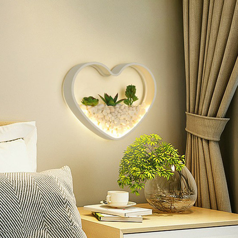 Metal Halo LED Sconce Light Art Deco Wall Mounted Light with Cobblestone and Imitation Plant White Loving Heart Clearhalo 'Wall Lamps & Sconces' 'Wall Lights' Lighting' 2385457