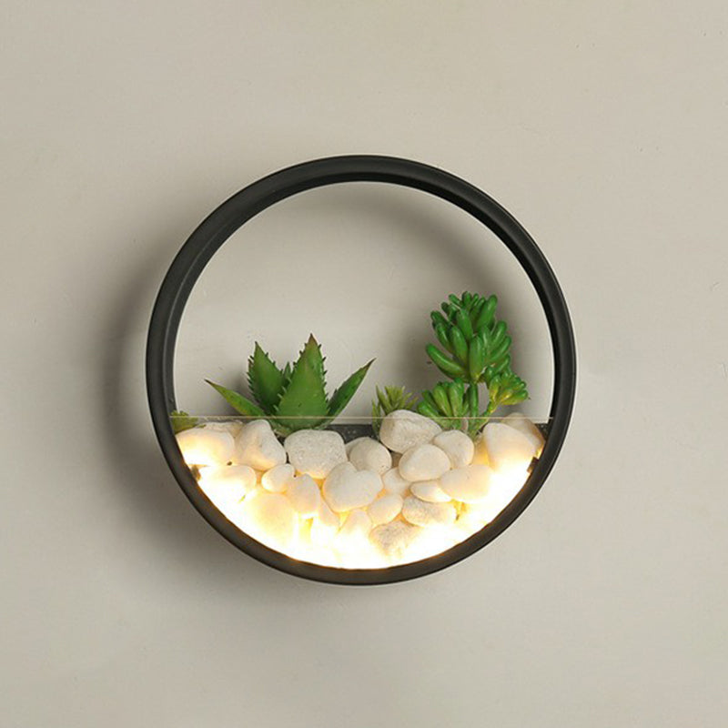 Metal Halo LED Sconce Light Art Deco Wall Mounted Light with Cobblestone and Imitation Plant Black Round Clearhalo 'Wall Lamps & Sconces' 'Wall Lights' Lighting' 2385460
