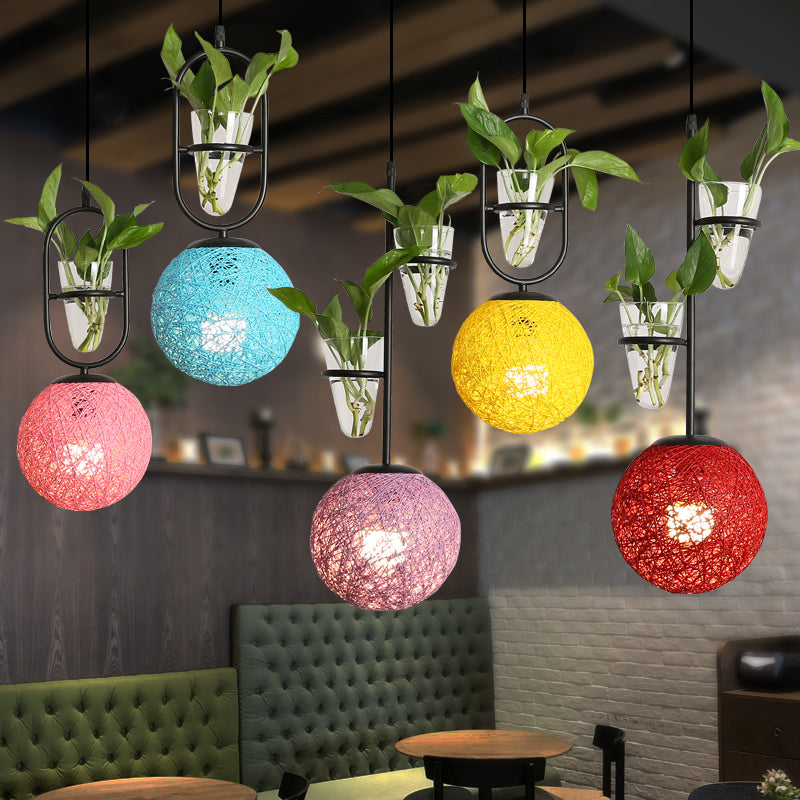 Single-Bulb Spherical Pendulum Light Decorative Rattan Hanging Lamp with Cone Glass Plant Container Clearhalo 'Ceiling Lights' 'Pendant Lights' 'Pendants' Lighting' 2385466