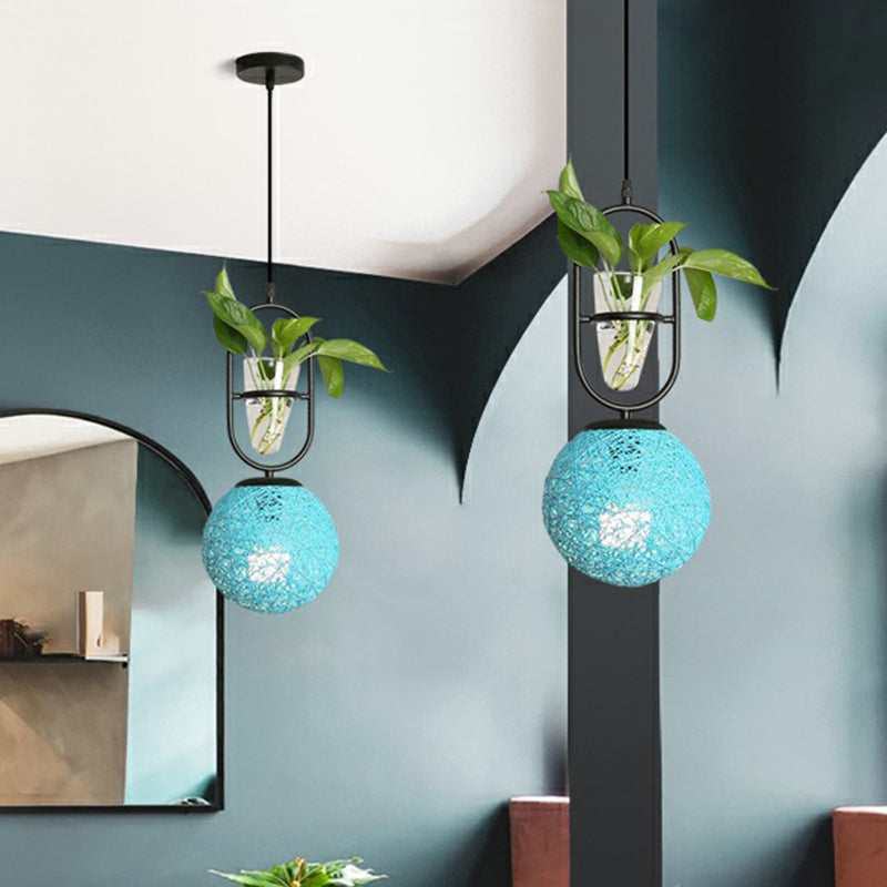 Single-Bulb Spherical Pendulum Light Decorative Rattan Hanging Lamp with Cone Glass Plant Container Blue Clearhalo 'Ceiling Lights' 'Pendant Lights' 'Pendants' Lighting' 2385467