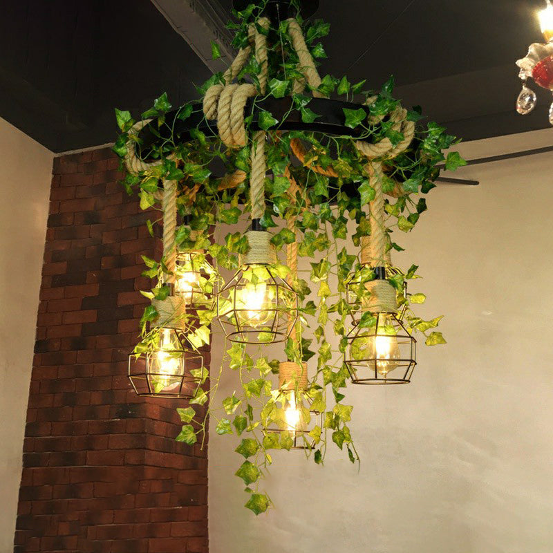 Circular Metal Pendant Light Rustic 6-Light Restaurant Chandelier with Cage and Fake Plant Green Clearhalo 'Ceiling Lights' 'Chandeliers' Lighting' 2385472