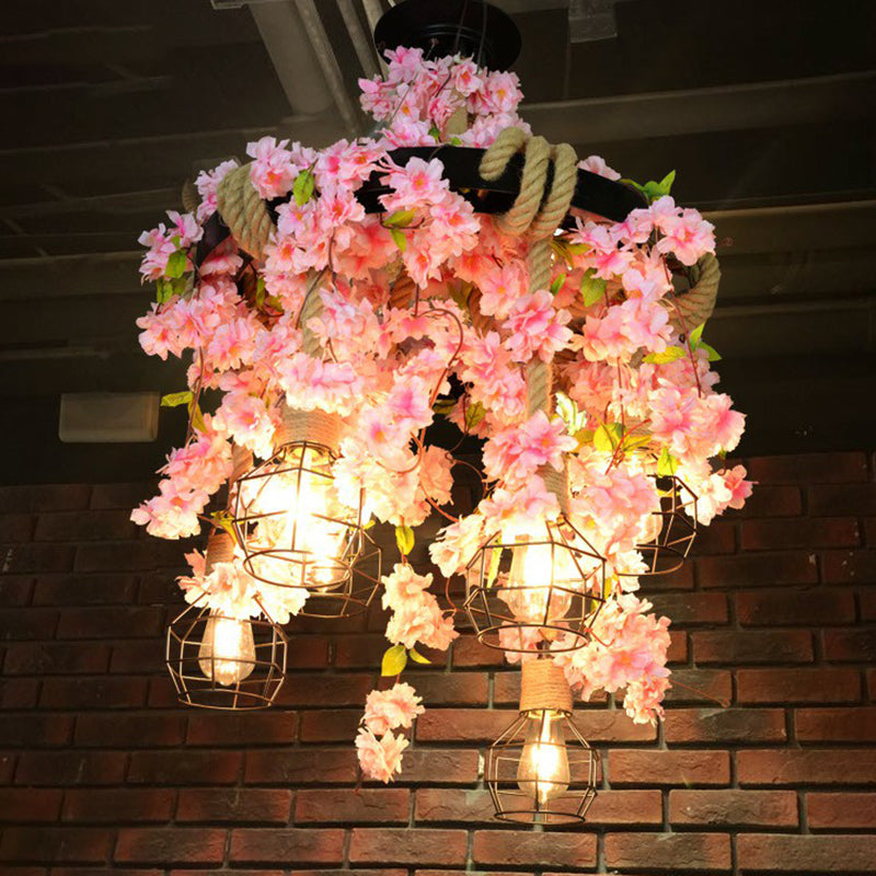 Circular Metal Pendant Light Rustic 6-Light Restaurant Chandelier with Cage and Fake Plant Pink Clearhalo 'Ceiling Lights' 'Chandeliers' Lighting' 2385474