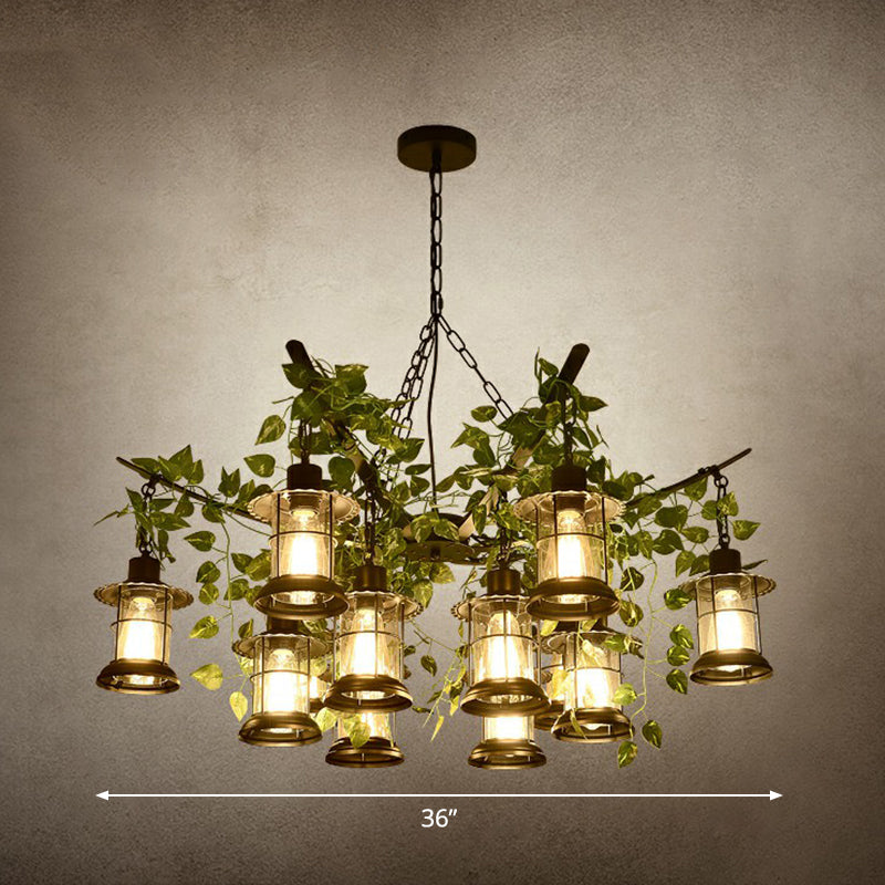 Industrial Style Lantern Chandelier Clear Glass Suspension Light in Black with Green Vine Decoration 12 Black Clearhalo 'Ceiling Lights' 'Chandeliers' Lighting' 2385477