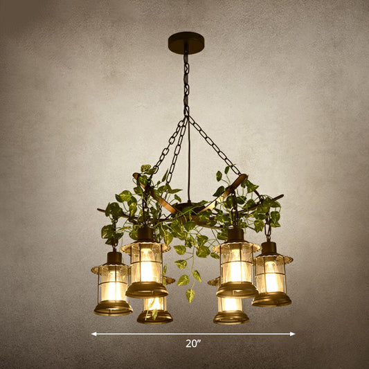 Industrial Style Lantern Chandelier Clear Glass Suspension Light in Black with Green Vine Decoration 6 Black Clearhalo 'Ceiling Lights' 'Chandeliers' Lighting' 2385478