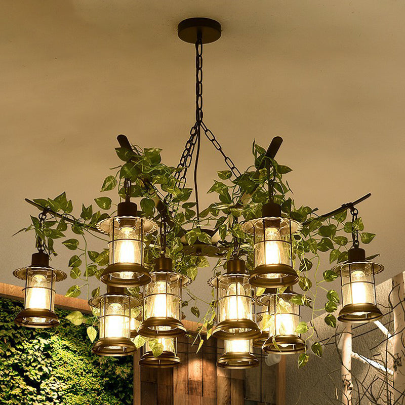 Industrial Style Lantern Chandelier Clear Glass Suspension Light in Black with Green Vine Decoration Clearhalo 'Ceiling Lights' 'Chandeliers' Lighting' 2385479