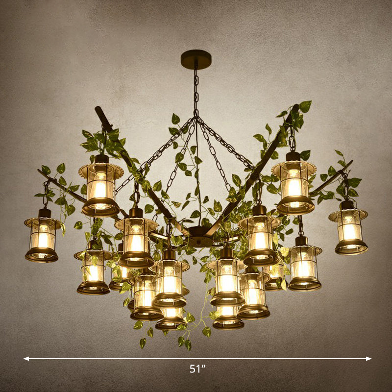 Industrial Style Lantern Chandelier Clear Glass Suspension Light in Black with Green Vine Decoration 18 Black Clearhalo 'Ceiling Lights' 'Chandeliers' Lighting' 2385480