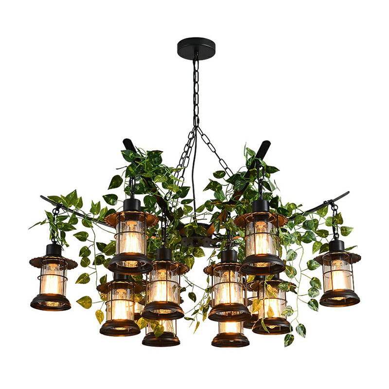 Industrial Style Lantern Chandelier Clear Glass Suspension Light in Black with Green Vine Decoration Clearhalo 'Ceiling Lights' 'Chandeliers' Lighting' 2385483