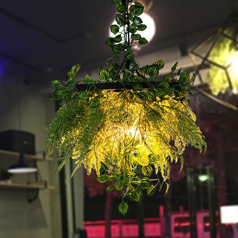 Wagon Wheel Iron Pendant Lighting Industrial Bistro Hanging Chandelier with Artificial Plant in Green Green 16" Clearhalo 'Ceiling Lights' 'Chandeliers' Lighting' 2385485