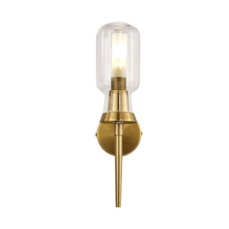 Cylinder Frosted Glass Wall Light Tradition 1/2 Heads Gold Flush Mount Wall Sconce for Stairway Clearhalo 'Wall Lamps & Sconces' 'Wall Lights' Lighting' 238549