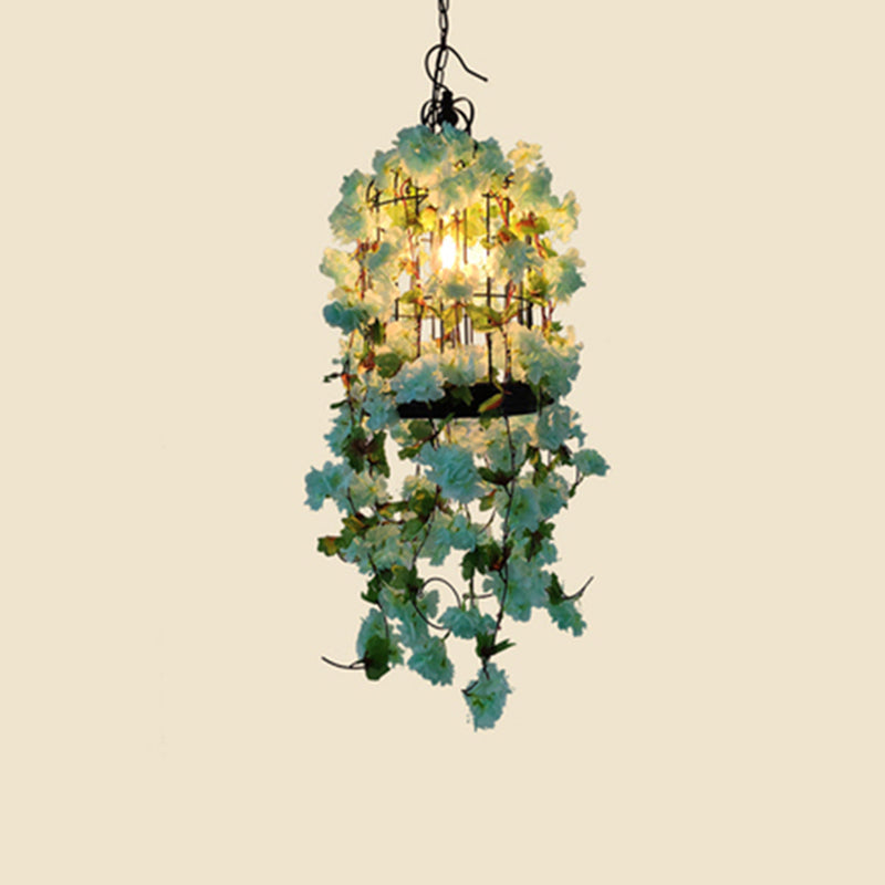 Iron Wire Birdcage Chandelier Lamp Farmhouse 1 Head Bistro Pendant Light with Artificial Flower Clearhalo 'Ceiling Lights' 'Chandeliers' Lighting' 2385505