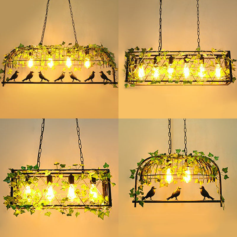 Cage Metal Island Pendant Light Industrial Dining Room Hanging Lamp with Imitation Leaf in Green Clearhalo 'Ceiling Lights' 'Island Lights' Lighting' 2385531