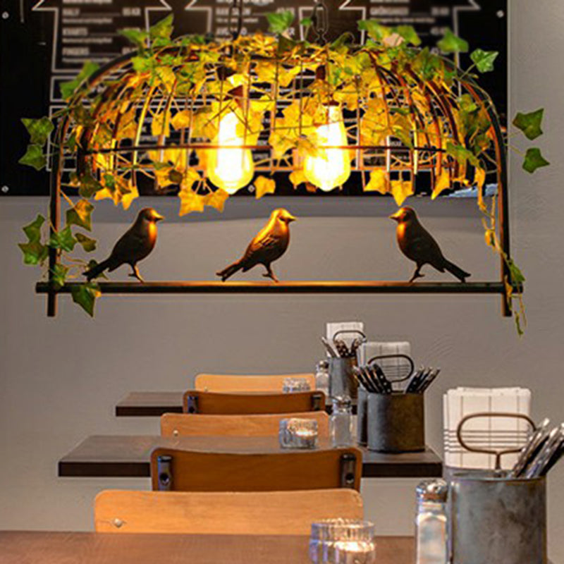 Cage Metal Island Pendant Light Industrial Dining Room Hanging Lamp with Imitation Leaf in Green Clearhalo 'Ceiling Lights' 'Island Lights' Lighting' 2385532