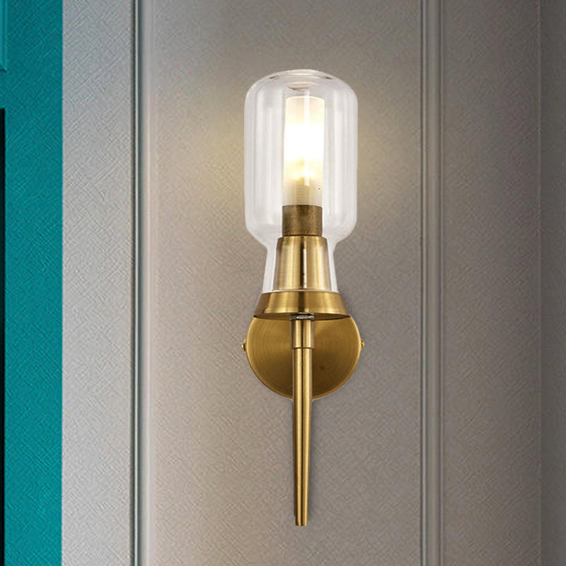 Cylinder Frosted Glass Wall Light Tradition 1/2 Heads Gold Flush Mount Wall Sconce for Stairway 1.0 Gold Clearhalo 'Wall Lamps & Sconces' 'Wall Lights' Lighting' 238556