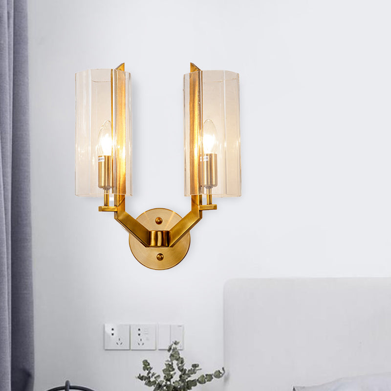 1/2 Bulbs Tube Sconce Lamp Tradition Clear Glass Wall Lighting Fixture in Gold for Bedside Clearhalo 'Wall Lamps & Sconces' 'Wall Lights' Lighting' 238567