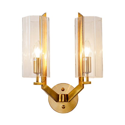 1/2 Bulbs Tube Sconce Lamp Tradition Clear Glass Wall Lighting Fixture in Gold for Bedside Clearhalo 'Wall Lamps & Sconces' 'Wall Lights' Lighting' 238568