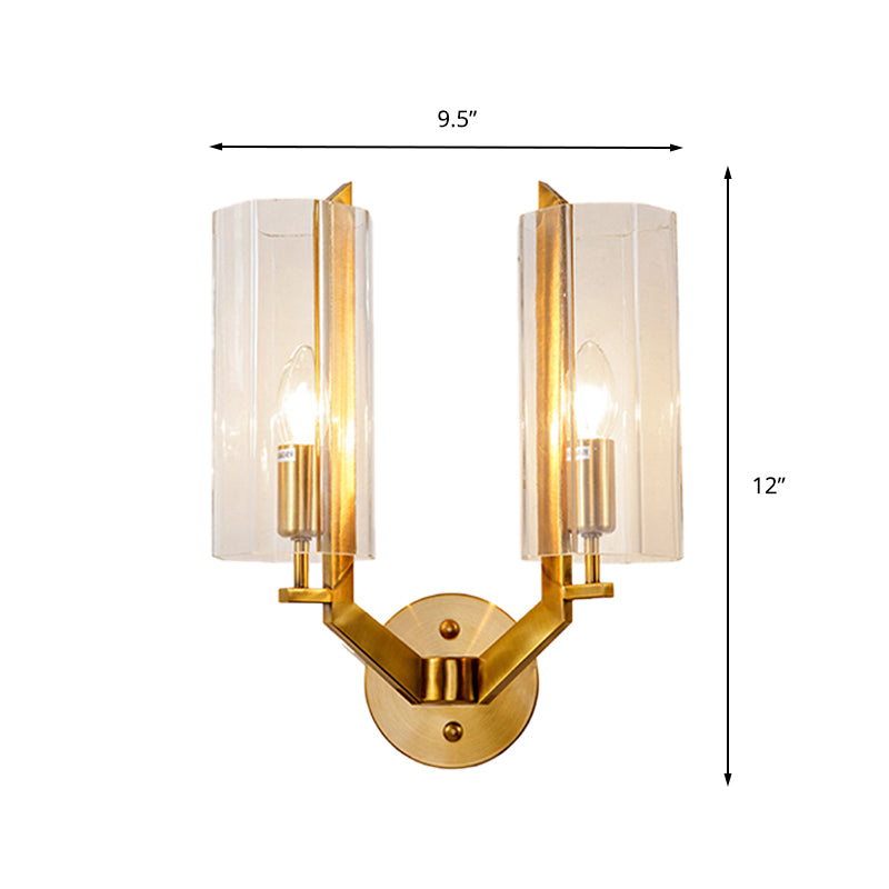 1/2 Bulbs Tube Sconce Lamp Tradition Clear Glass Wall Lighting Fixture in Gold for Bedside Clearhalo 'Wall Lamps & Sconces' 'Wall Lights' Lighting' 238569