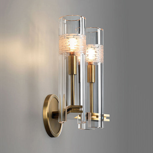 Traditional Tube Wall Mount Lighting Clear Glass 1/2 Heads Wall Mounted Lamp in Gold for Living Room Clearhalo 'Wall Lamps & Sconces' 'Wall Lights' Lighting' 238576