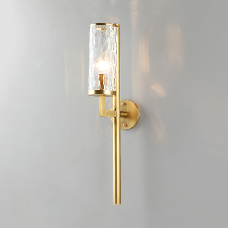 Gold Cylindrical Sconce Traditionary Dimpled Blown Glass 1/2 Heads Wall Mounted Lighting Clearhalo 'Wall Lamps & Sconces' 'Wall Lights' Lighting' 238581