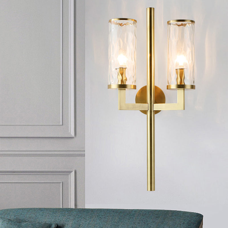 Gold Cylindrical Sconce Traditionary Dimpled Blown Glass 1/2 Heads Wall Mounted Lighting 2.0 Gold Clearhalo 'Wall Lamps & Sconces' 'Wall Lights' Lighting' 238584